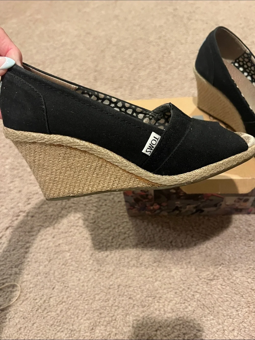 Toms Black Espadrille Peep-Toe Wedge Shoes